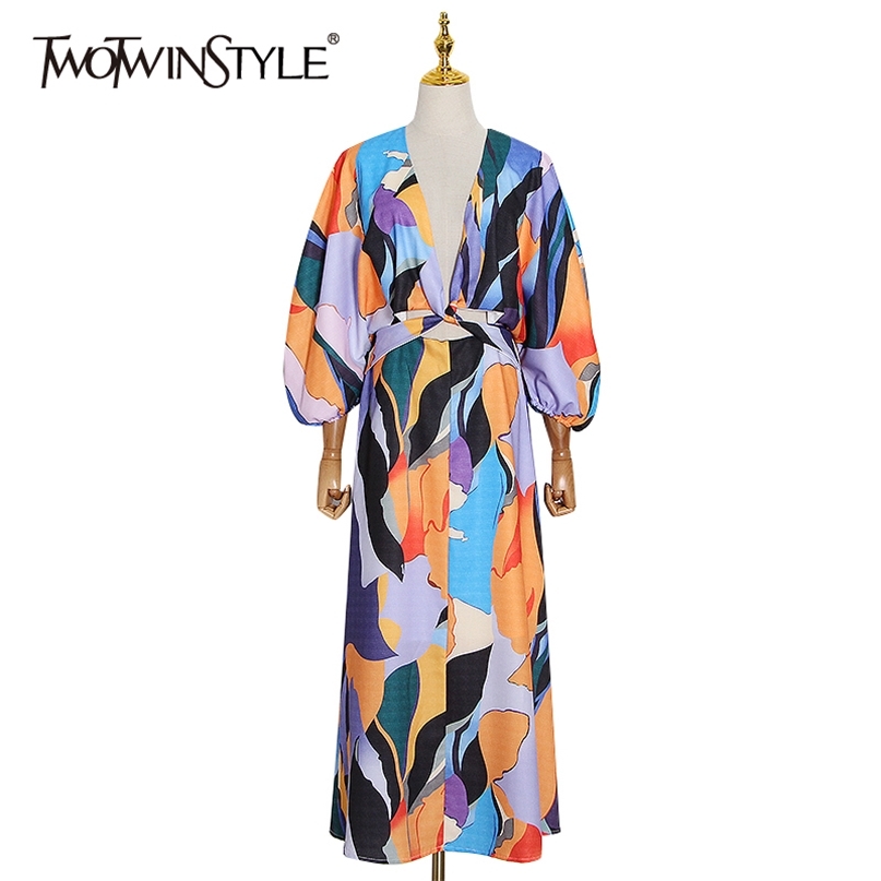 

elegant Print Summer Dress Women V Neck Lantern Half Sleeve High Waist Hollow Out Hit Color Midi Dresses Female 210520, As picture