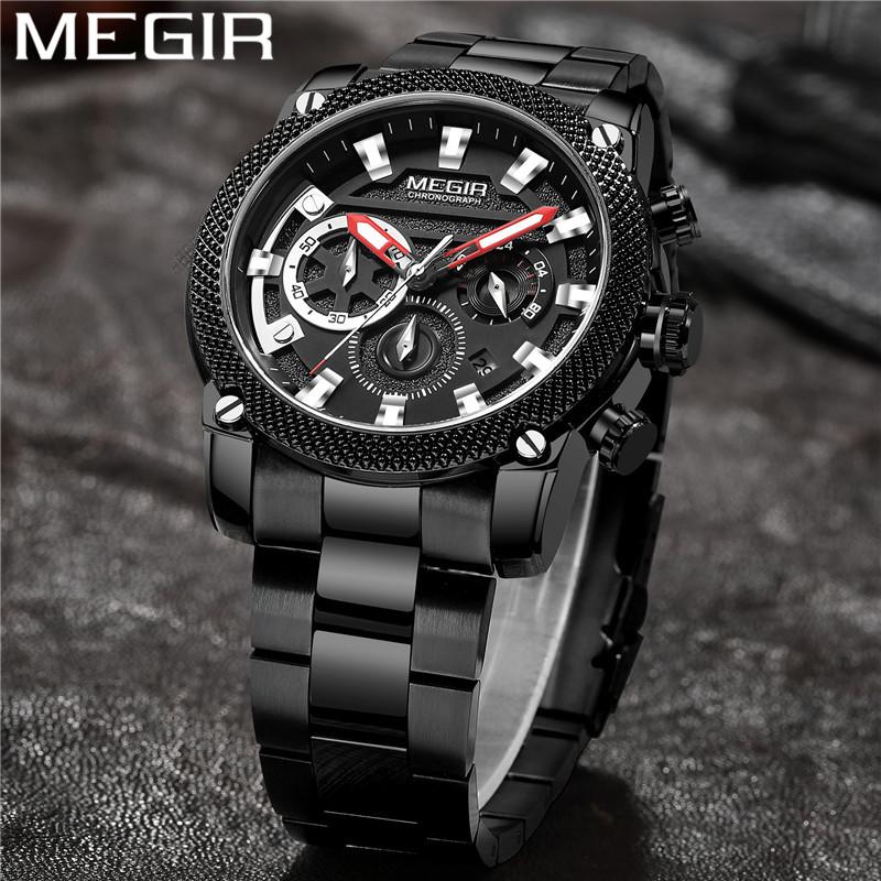 

Wristwatches MEGIR Watch Men Waterproof Chronograph Military Army Male Clock Top Black Stainless Steel Man Sport Wristwatch 213, Me213402 without box