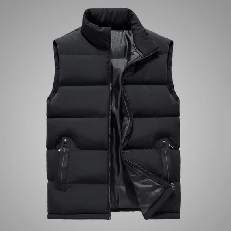 

Men's Jackets Sleeveless Zipper Closure Men Waistcoat Slim Fit Stand Collar Solid Color Padded Coat Male Clothes, Black