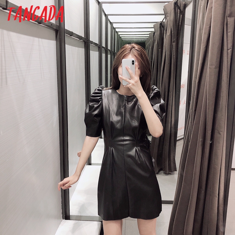 

2021tangada women black faux leather dress vintage short sleeve 2021 zipper female pleated tunic mini dress 2w92, Black;gray
