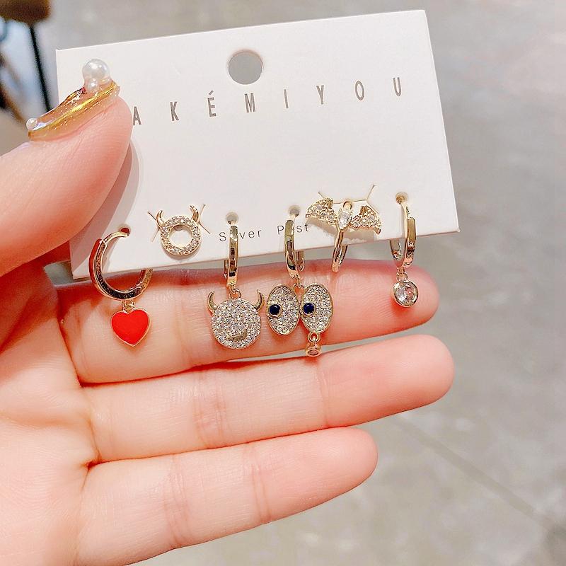 

Dangle & Chandelier Trendy CZ Crystal Bull Head Red Heart Eyes Hanging Earrings Set Gold Color Cubic Zirconia For Women, Silver