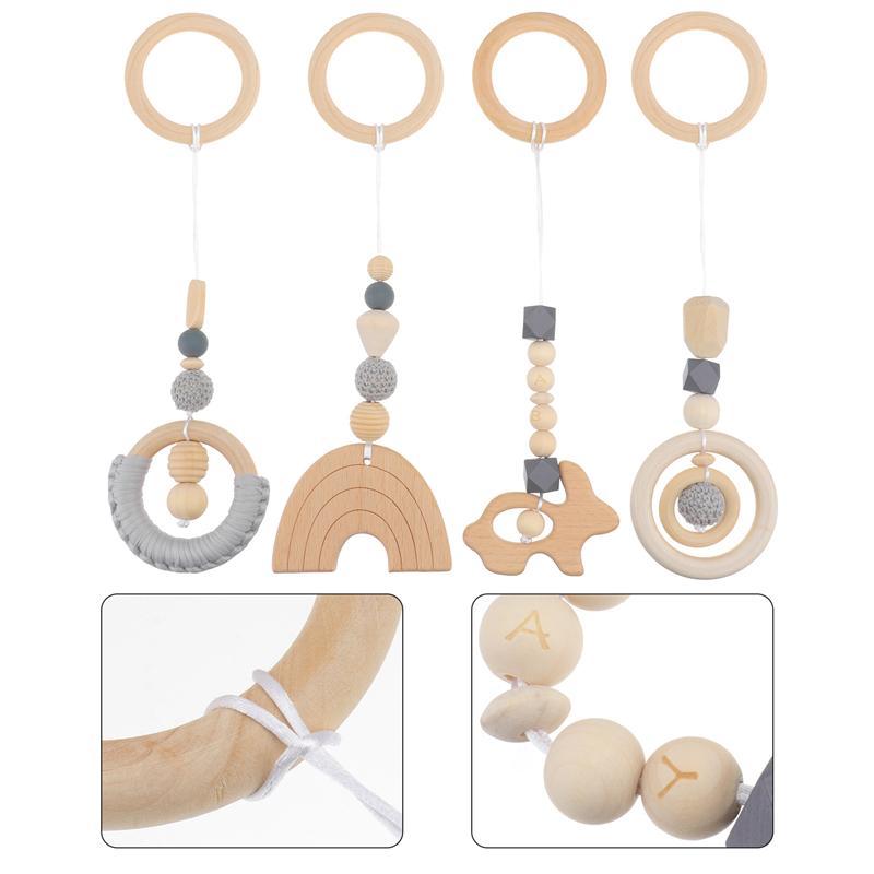 

4Pcs Wood Crafts Home Wood Ring Decorations Creative Baby Teethers Cotton Thread Wooden Ring Teether Four-Piece Home Decoration