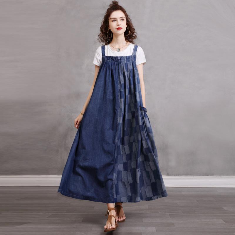 

Casual Dresses Johnature Women Jacquard Plaid Denim Sleeveless Pocket Loose Vintage Clothes 2021 Summer Chinese Style Strap Dress