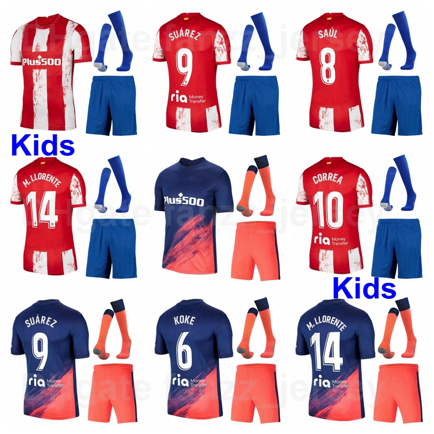 

Children Atletico Madrid Kids Llorente Youth SAUL Soccer Jersey Socks Set SUAREZ CORREA JOAO FELIX LEMAR HERRERA KOKE Gimenez FELIPE CARRASCO Football Shirt Kits, Kids blue