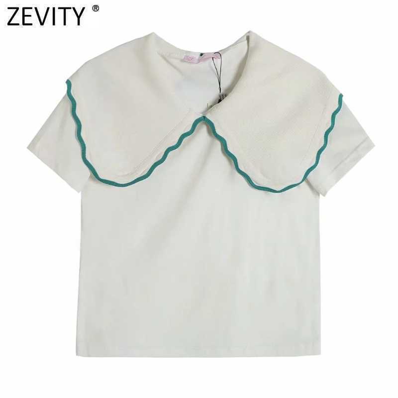 

Zevity Women Sweet Peter Pan Collar Patchwork Knitting Casual Slim T-shirt Female Chic Short Sleeve Summer Tops LS9208 210603, As pic ls9208fhdd