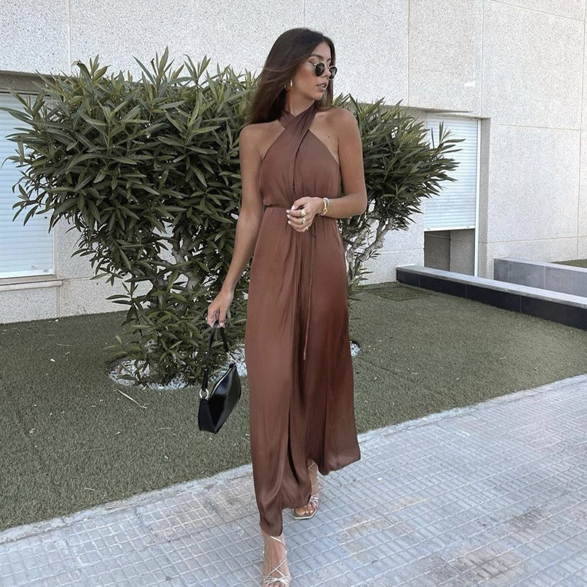 Women&#039;s Jumpsuits & Rompers Elegant Woman Brown Loose Satin Halter 2021 Summer Female Sleeveless Jumpsuit Ladies Backless Beach H0-image-705737701