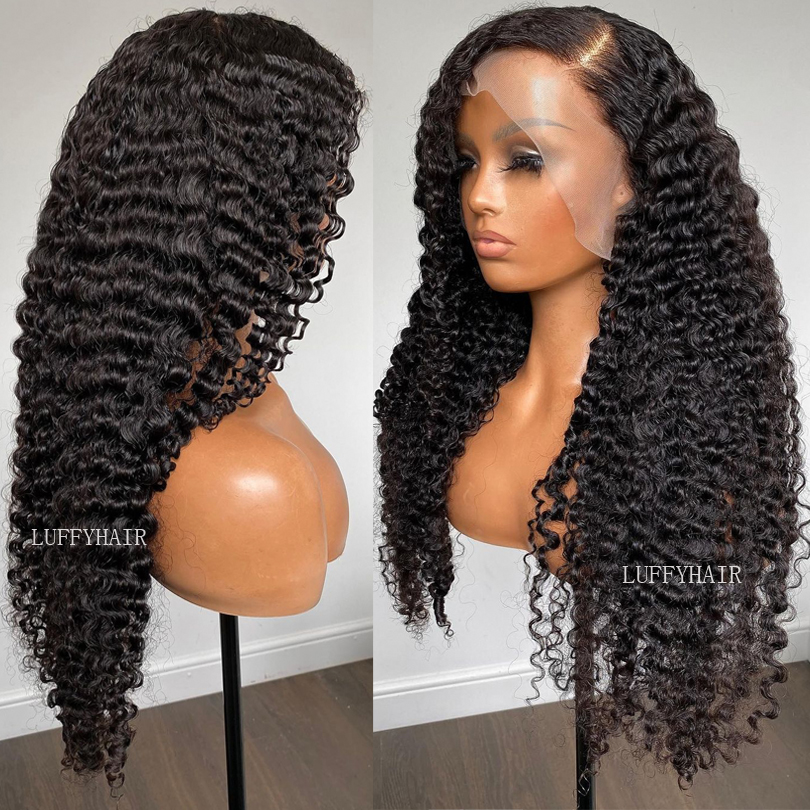 

Long Sassy Curly Silk Base Human Hair Wigs with Baby Hair Gluelesss Brazilian Excoit Kinky Curly PU Silk Base Wigs for Women, Natural color