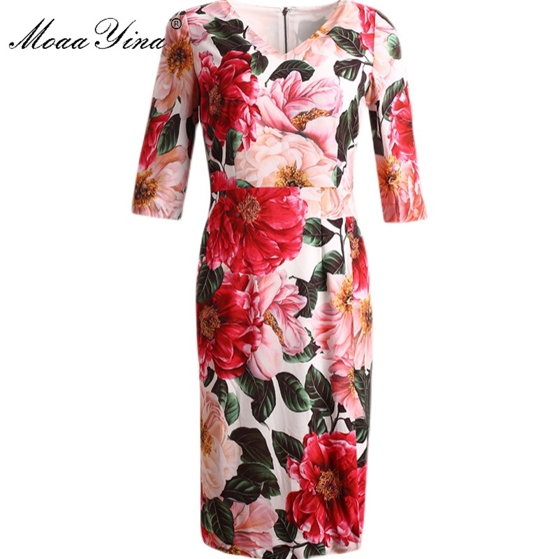 

Fashion Designer Dress Summer Women' dress V-neck Red Camellia Floral Print Slim Package hip Vacation Dresses 210524
