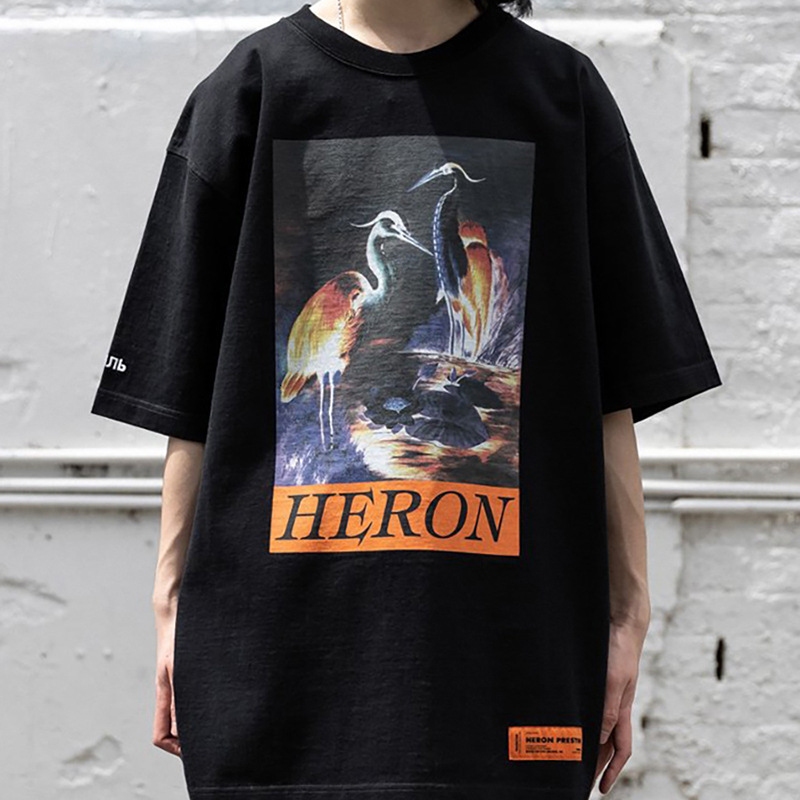 

Preston crane HP night Heron oil painting print loose oversize short sleeve female T-shirt male, White;black