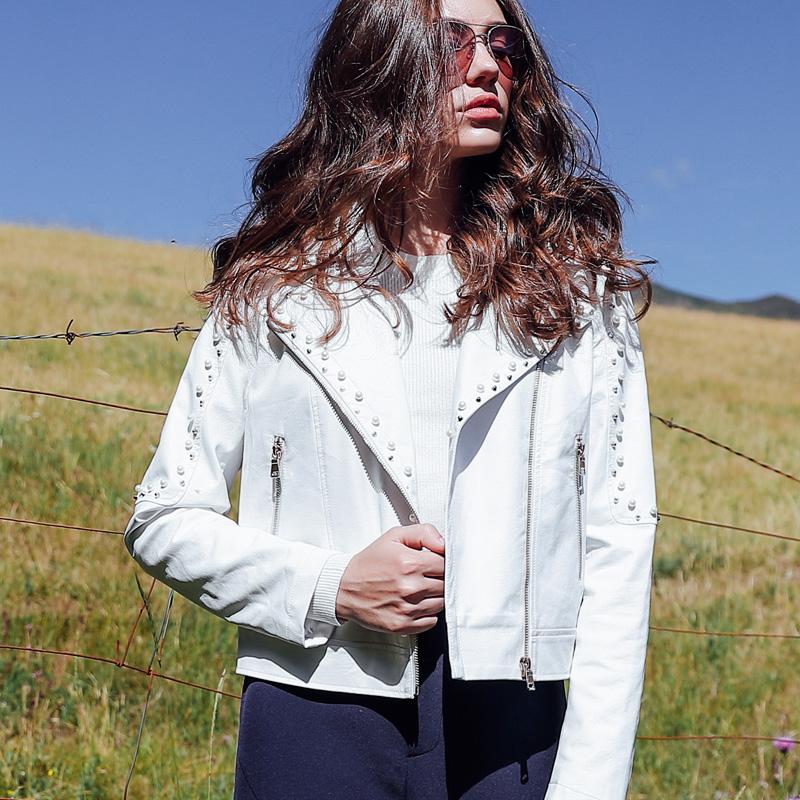 

Women's Leather & Faux MOFFI Pearls Rivet White PU Jacket 2021 Zipper Artificial Fur Coat Women Jackets For Spring Gothic, Black