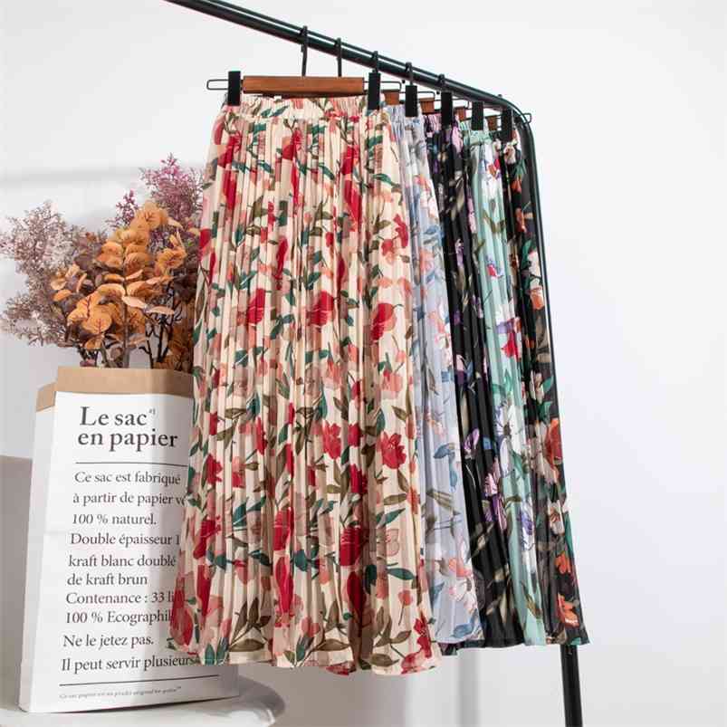 

Croysier Skirts High Waist Floral Print Mid Calf Long Pleated Skirt Women Summer Vintage Elegant Chiffon Midi Skirt 210721, N orange