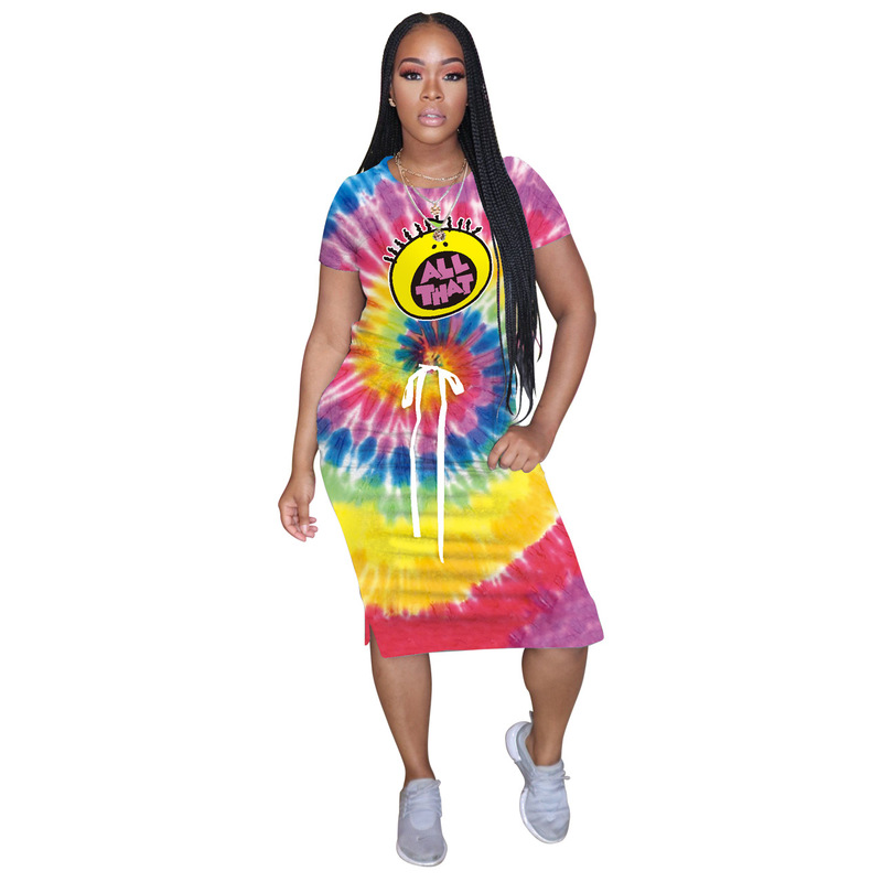 

2021 autumn new colorful printed tie-dye dress casual comfortable breathable tight soft women, Black;gray