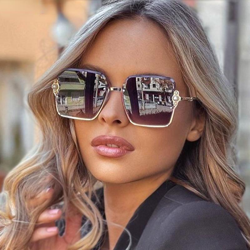 Vintage Square Pearl Sunglasses for Women Half Frame Luxury Fashion Shades UV400 Glasses-image-853274584
