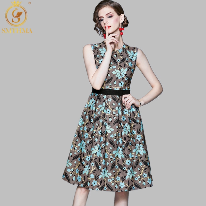 

Spring And Summer Women Dress Runway Fashion Designer Sleeveless Flower Printed Elegant Chic Dresses Vestidos 210520, Photo color