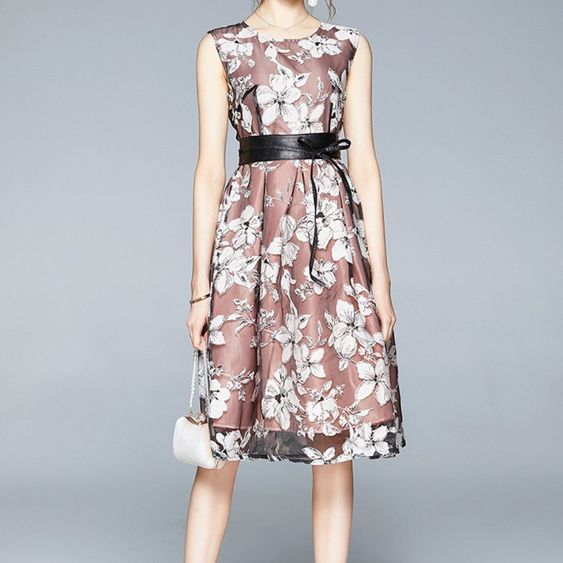 

ZAWFL Organza Dress Summer Fashion Vintage Women Sleeveless Printing Belted Knee Length Vestidos Robe Femme Jurk 210525, Picture color