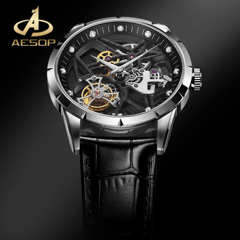 

Wristwatches AESOP Luxury Transparent Dial Skeleton Mechanical Watch Men Business Leather Strap Wrist 100% Real Tourbillon Male, Silver