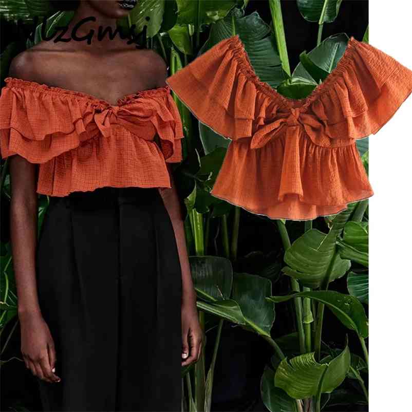 

Blouse Woman Ruffle Crop Top Women Elastic Short Sleeve Off Shoulder Female Vintage Summer Blouses 03 210628, As picture