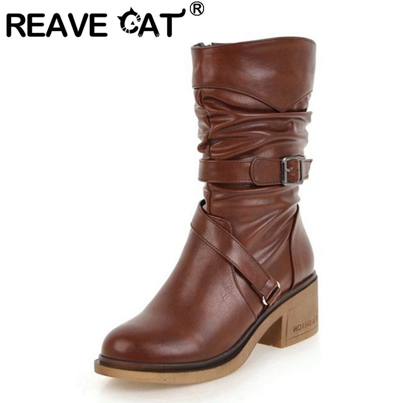 

Boots REAVE CAT 2021 Lady Slouch Mid Calf Zip Belt Buckle Pleated Short Plush Round Toe 5.5CM Chunky Heel US12 Grey Yellow A4407, Black