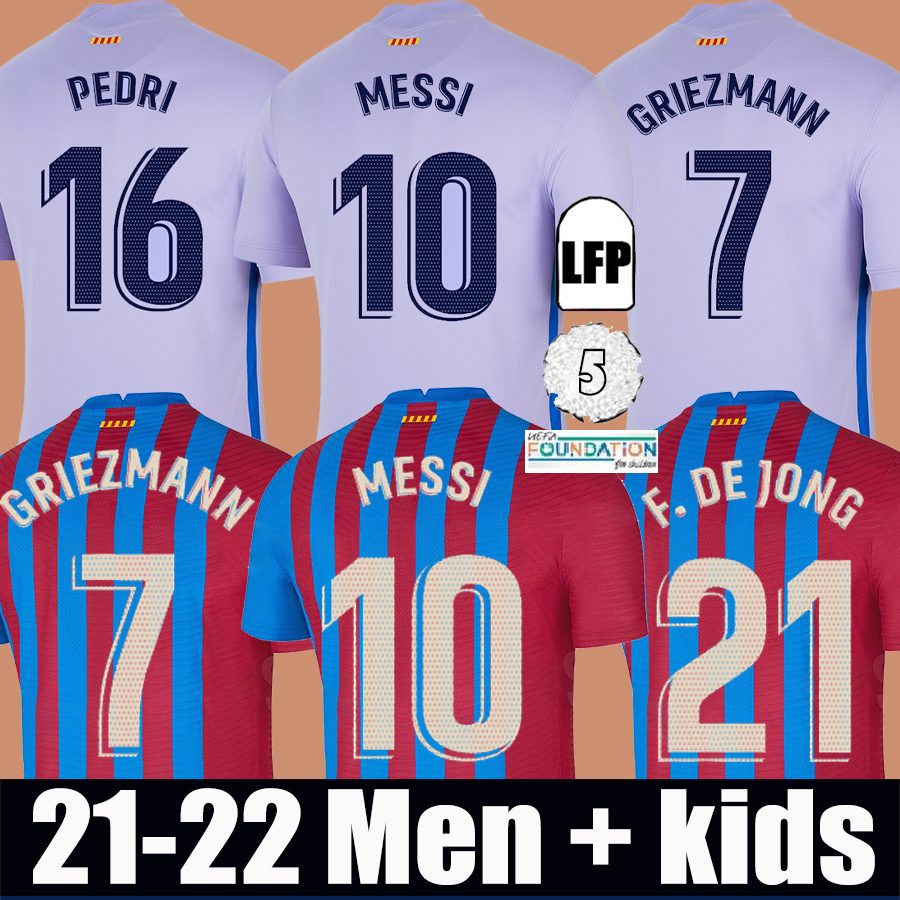 

21 22 Barcelona soccer jersey MESSI PEDRI KUN AGUERO BARCA camiseta de futbol 2021 2022 GRIEZMANN F.DE JONG Emerson Eric Maillots football shirt men + kids kit, 21-22 home+patch