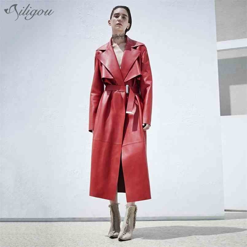 

Winter Ladies Leather Jacket Fashion High-End Pu Coat Notch Office Long Belt Slim Trench 210525, Red