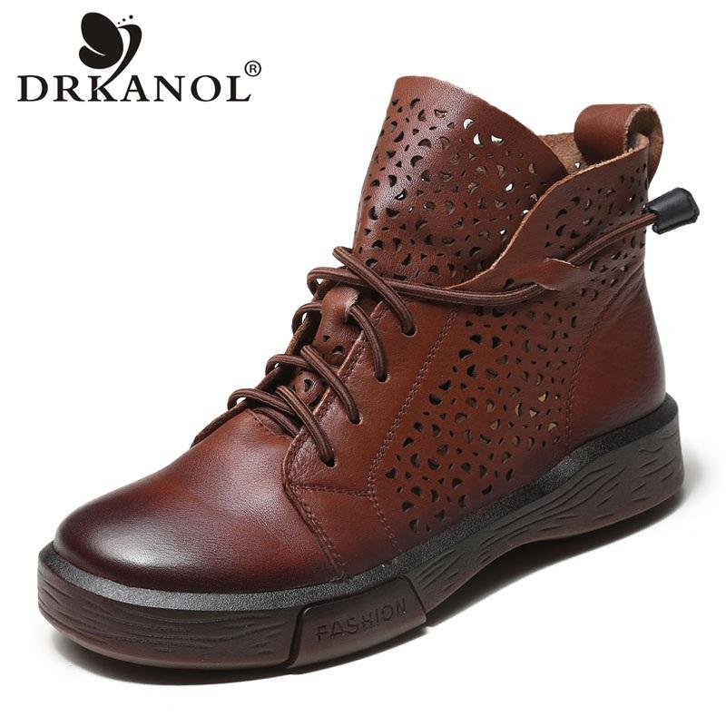 

Summer Genuine Leather Cool Boots Women Hollow Breathable Ankle For Flat Heel Shoes Retro Casual, Black