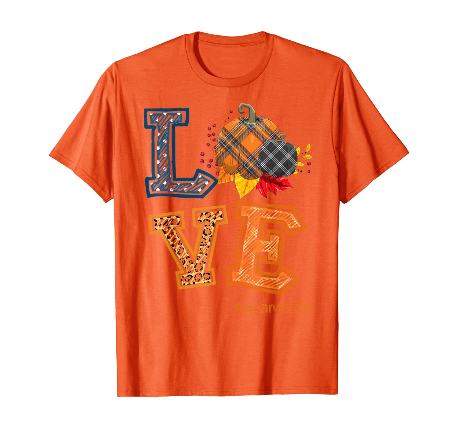 

Womens LOVE Grams Life Plaid Pumpkin Fall Thanksgiving Gift T-Shirt, White;black