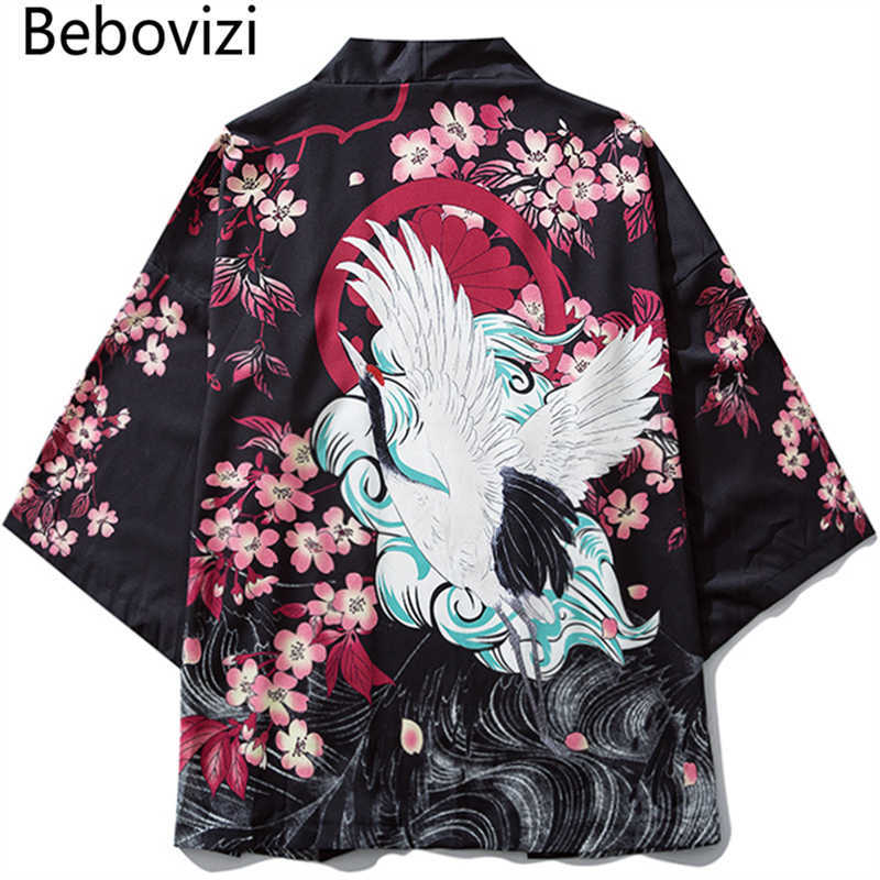 

Bebovizi Japanese Ukiyoe Cherry Blossom Crane Kimono Jackets Mens Harajuku Streetwear Japan Style Coat Summer Hip Hop Thin Robe X0621, White