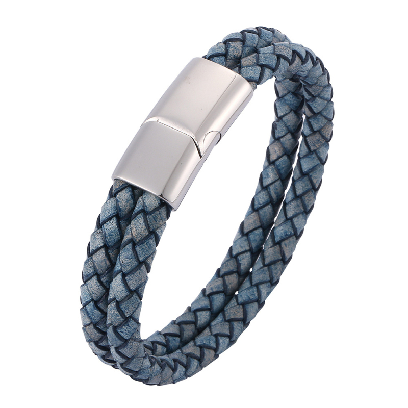 Double Layered Retro Style Colorful Genuine Leather Bangle Bracelet for Men Gift-image-755528479