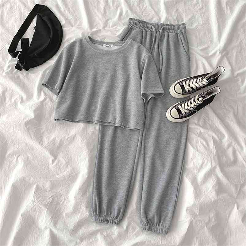 

Casual Student Two-piece Suit Summer Women Tracksuit Short Top+High Waist Harem Ankle Length Pant For Height Under 165cm 210519, White suit