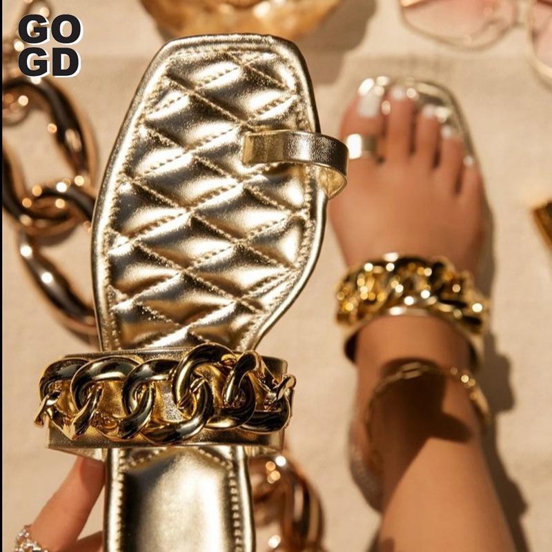 

Slippers [GOGD]2021 Summer Beach Women's Set-toe Small Fragrant Wind Metal Chain Golden Sandals Size 36-41, Black