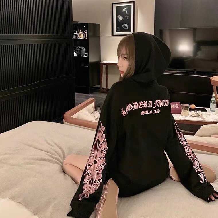 

Croxin Heart Trendy Chrome Fashion Brand Autumn and Winter Pink Black Flower Arm Loose Pure Cotton Hooded Men's and Women's Sweater