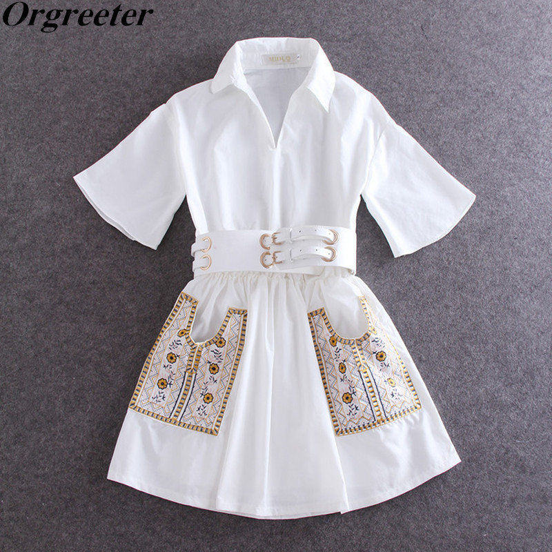 

Summer Fashion White Shirt Dress for Women Lapel Embroidery Floral Pockets A-line Mini With PU Belt 210525