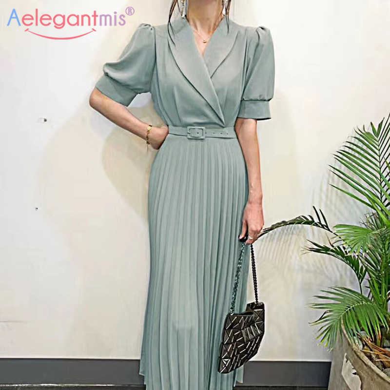 

Aelegantmis Vintage Notched Collar Women Long Dress with Belt Woman Sexy V Neck Party Short Sleeve Pleated Maxi es 210607, Khaki