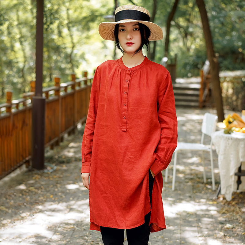 

Johnature Chinese Style Shirts For Women Autumn Cotton Linen Blouses Stand Long Sleeve Vintage Tops Female Casual Shirt 210521, Orange red