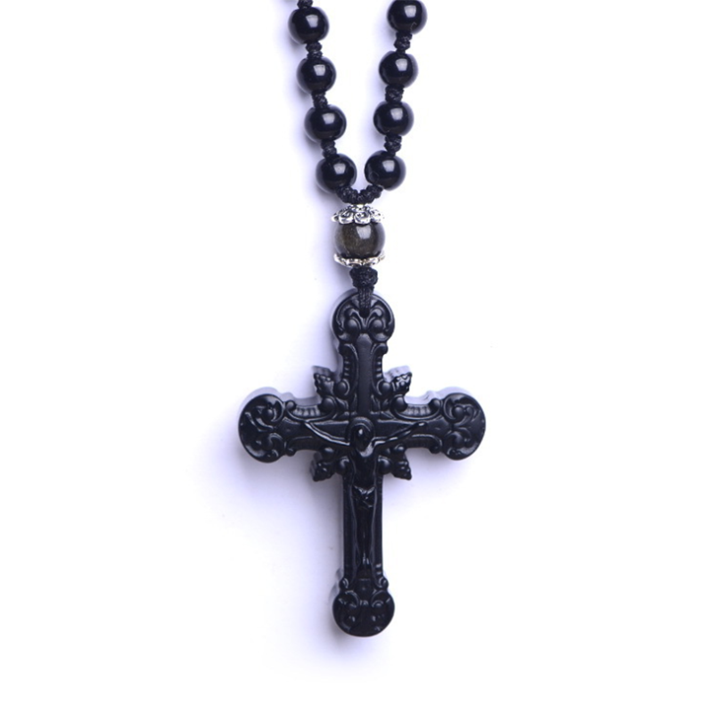 

Chains Black Obsidian Necklace With Natural Stone Crucifix For Men Women Fashion Sweater Chain Accessories Cross Pendant Jewelry Gift