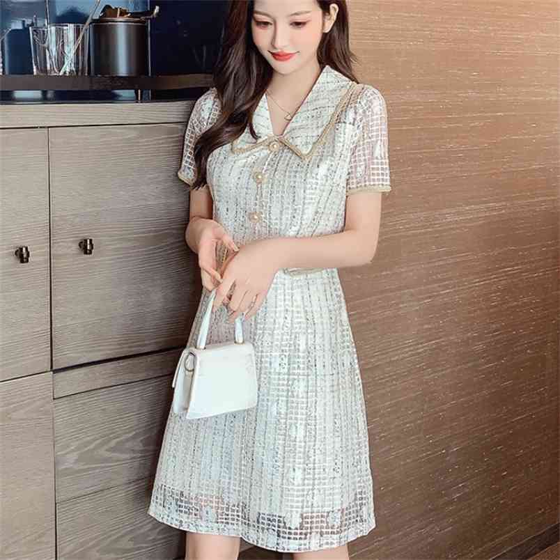 

Summer Women's Sexy Lace Lapel Short-Sleeved Single-Breasted Vintage Casual Slim Dress Fashion 210519, Photo color