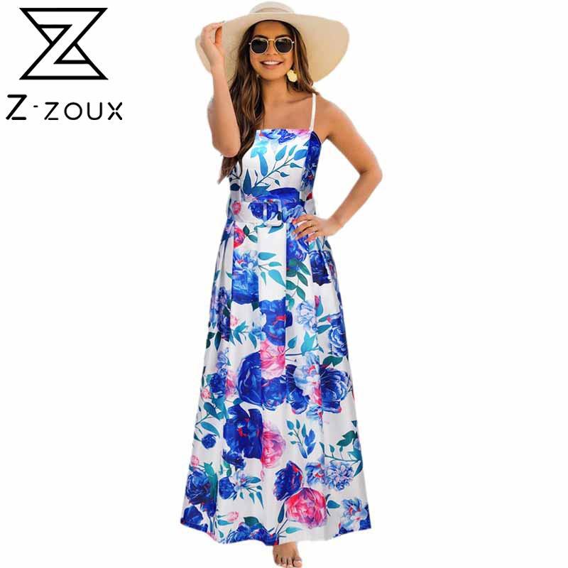 

Women Dress Printed Bohemia es Sexy Long Print Floral Maxi Sleeveless High Waist Spaghetti Strap es 210524, Blue