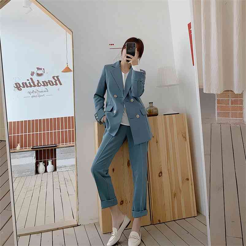 

Casual Women Pant Suits Notched Collar Double Breasted Blazer Jacket & Pencil Female Suit Spring Autumn Office Lady Sets 210517, Blue