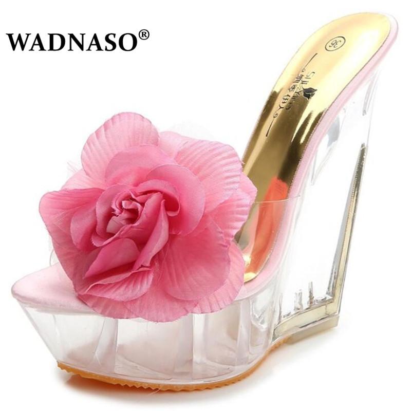 

Slippers WADNASO Sexy Summer Fashion High Heels Mules Transparent Crystal Platform Wedges Shoes 15CM Jelly Slides Black Pink