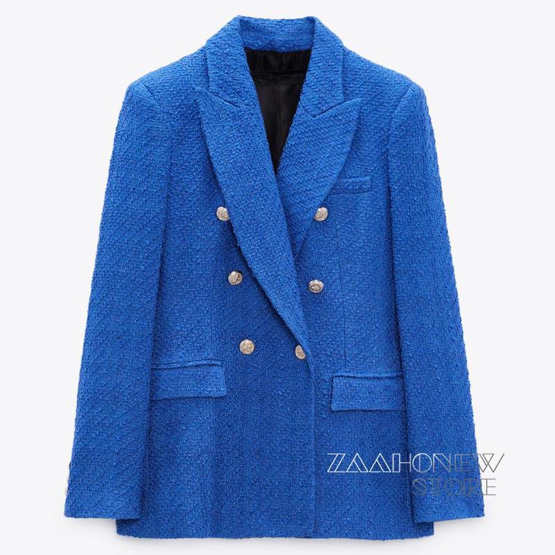 

Women's Suits & Blazers ZAAHO Spring And Autumn Women Fashion Blazer Coat Female Vintage Tweed Double Breasted Long Sleeve Flap Pocket Outer, Blue