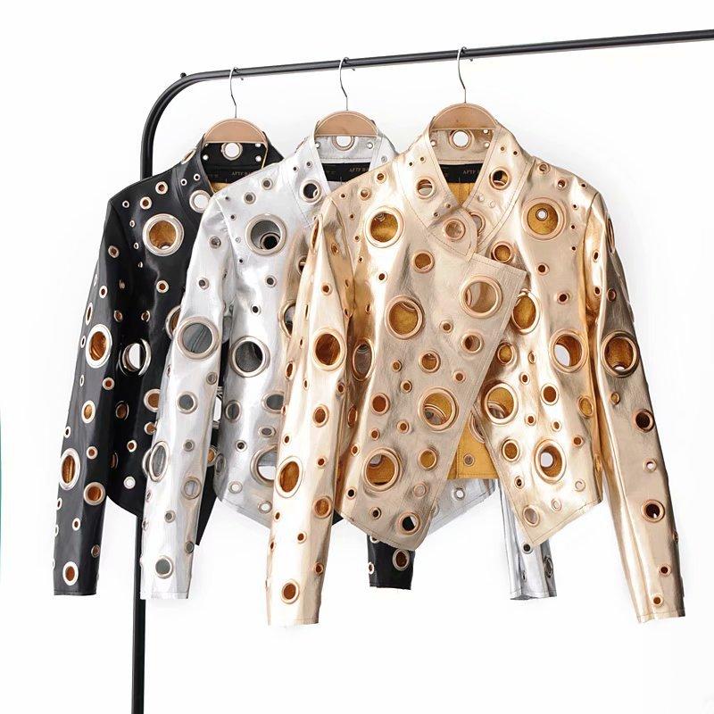 

Women' Leather & Faux Jacket Women Jackets Traf European And American Style Metal Ring Street Locomotive Pu Hollow Cardigan Fur, Black