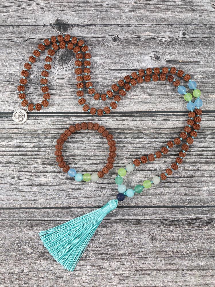 

Pendant Necklaces YUOKIAA Japamala Set108 Beads Necklace & Bracelet Natural Rudraksha Amazonite Peaceful Heart Mala Buddha Yoga Meditation J, Silver