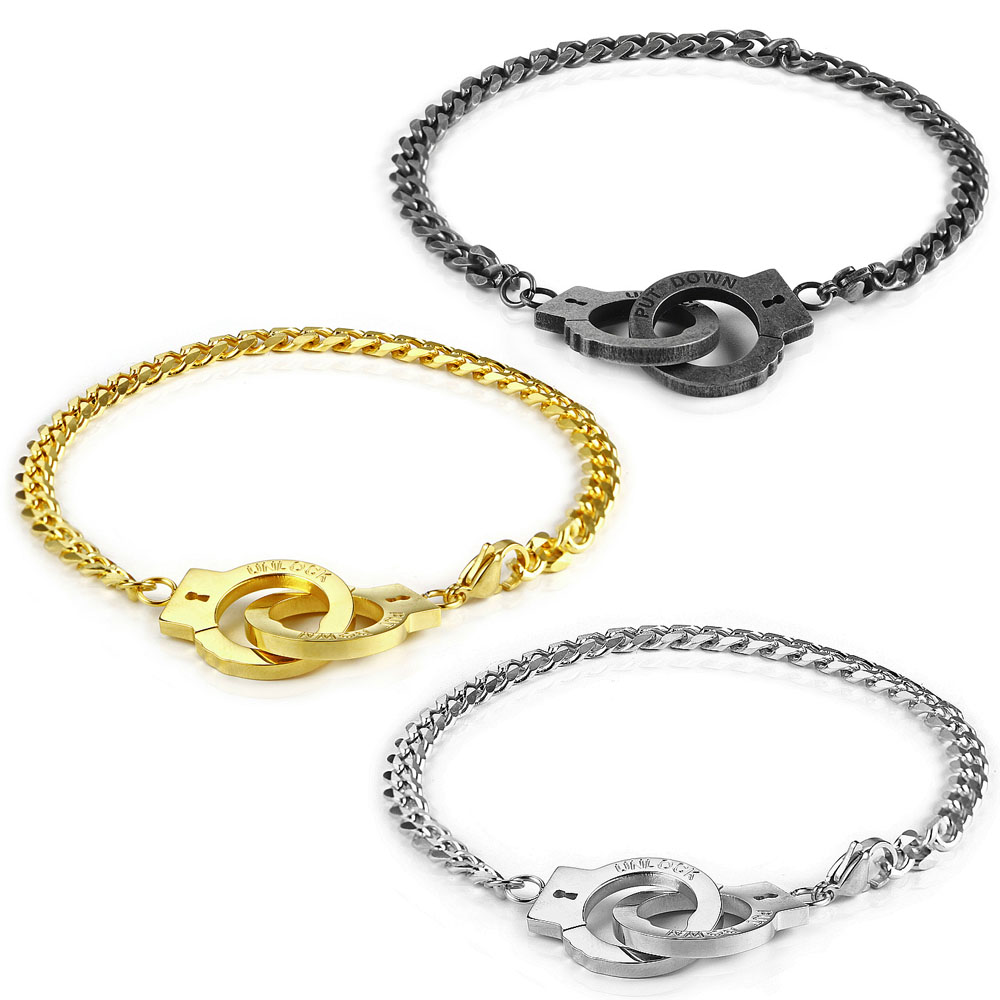 

Men Stainless Steel Curb Link Chain PUT DOWN UNLOCK Engrave Retro Handcuffs Bracelet Bangle