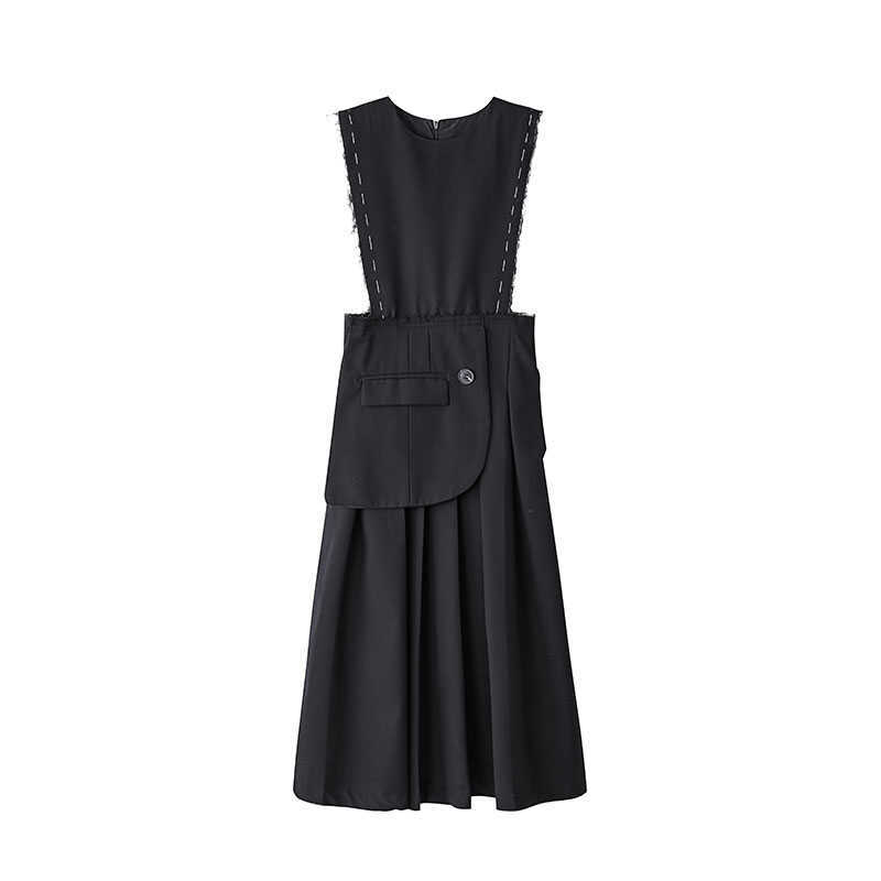 

Spring Autumn Retro Pleated Strap O Neck Tank A Line Mid Calf Black Dresses for Women 210615