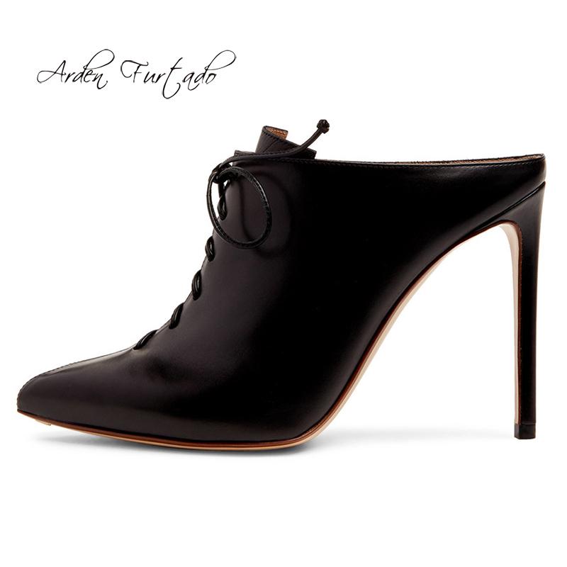 

Slippers Arden Furtado 2021 Spring Autumn High Heels Stilettos Slip On Mules Cross Tied Fashion Large Size Women's Shoes, Black