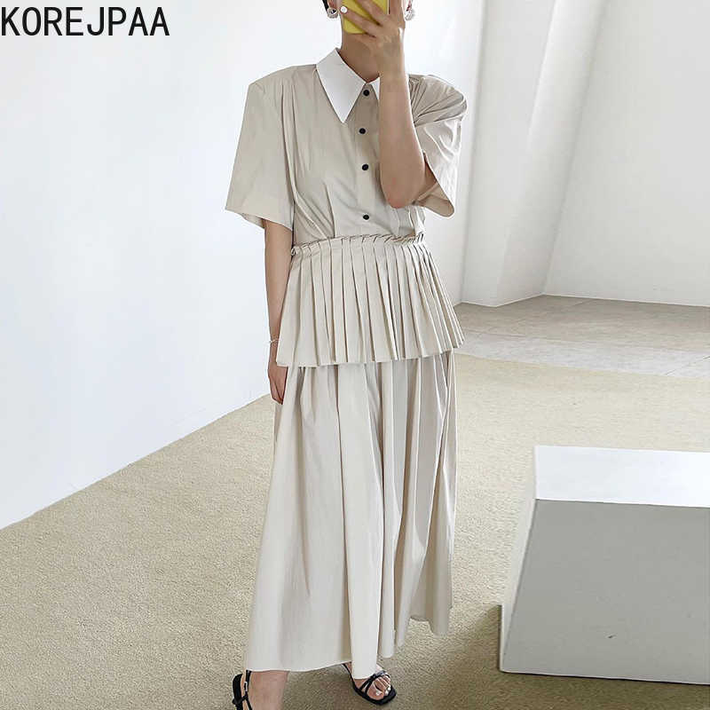 

Korejpaa Women Dress Summer French Retro Lapel Hit Color Hollow Open Back Carefully Machine Cake-Style Pleated Vestidos 210526, Apricot