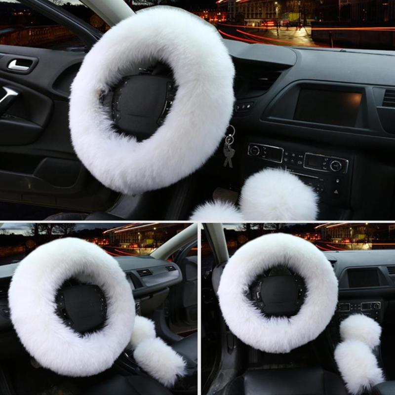 

Steering Wheel Covers Fleece Car Cover.Fashion Female Version.Handbrake Shift Lever Cover Australian Wool Heated Winter 3pcs / Set