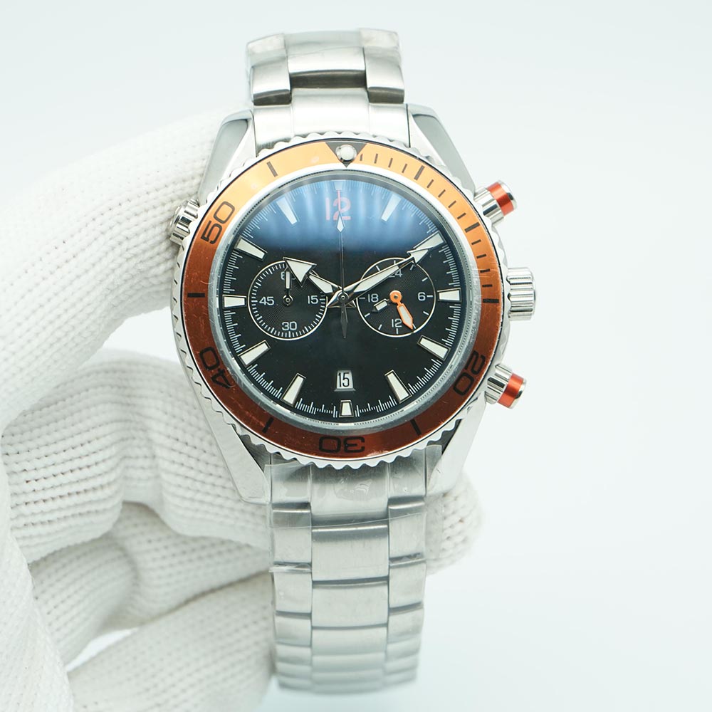 

Orange Bezel Planet Limited Dial Watch 44mm Quartz Chronograph Ocean Diver 600m Skyfall Stainless Steel Sports Sea Mens Watches, Slivery;brown