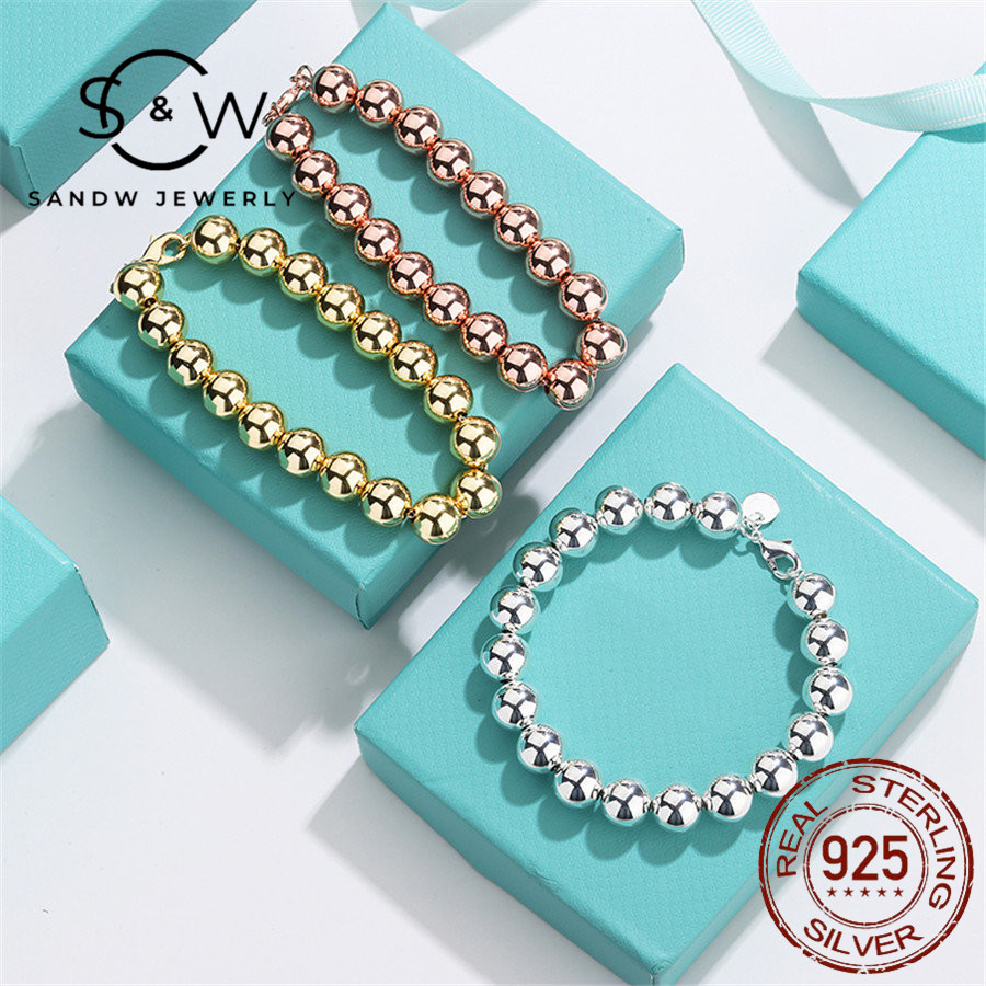 

SANDW Ladies Sterling Silver Light Luxury Jewelry Round Bead Bracelet 8mm Charm Rose Gold 3 Color Fashion Classic For Girlfriend Birthday Gift, Golden;silver