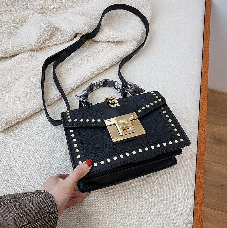 

wholesale women handbag new scarves decorated women shoulder bag elegant crocodile leather handbag personality rivet lock fashion bag, Black;red